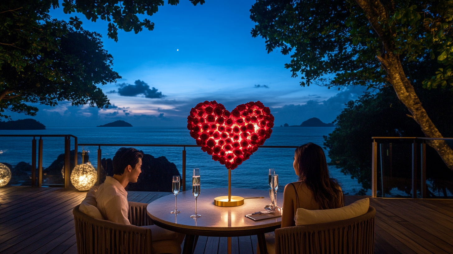 Preserved rose lamp casting a warm glow across a serene terrace