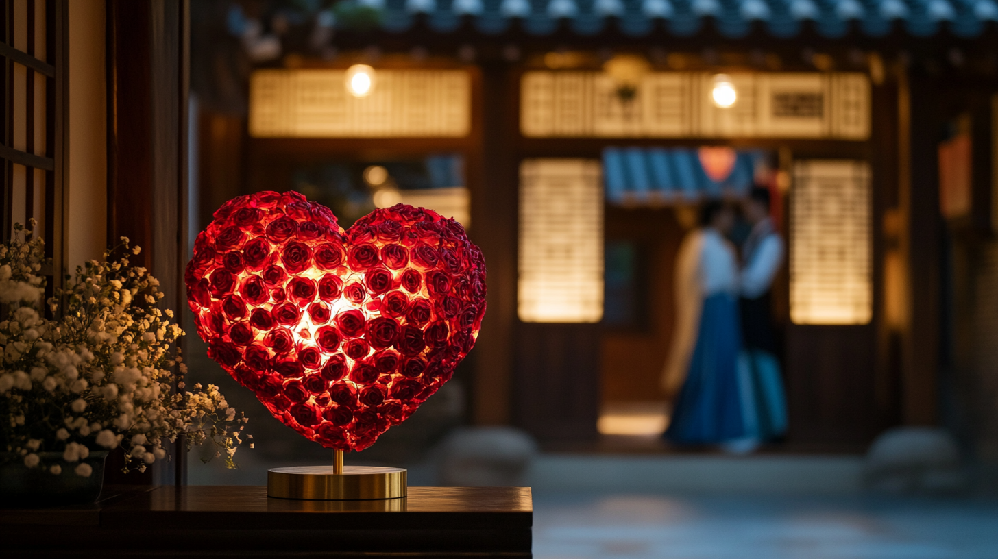 Close view of the preserved rose surface within an illuminated heart lamp