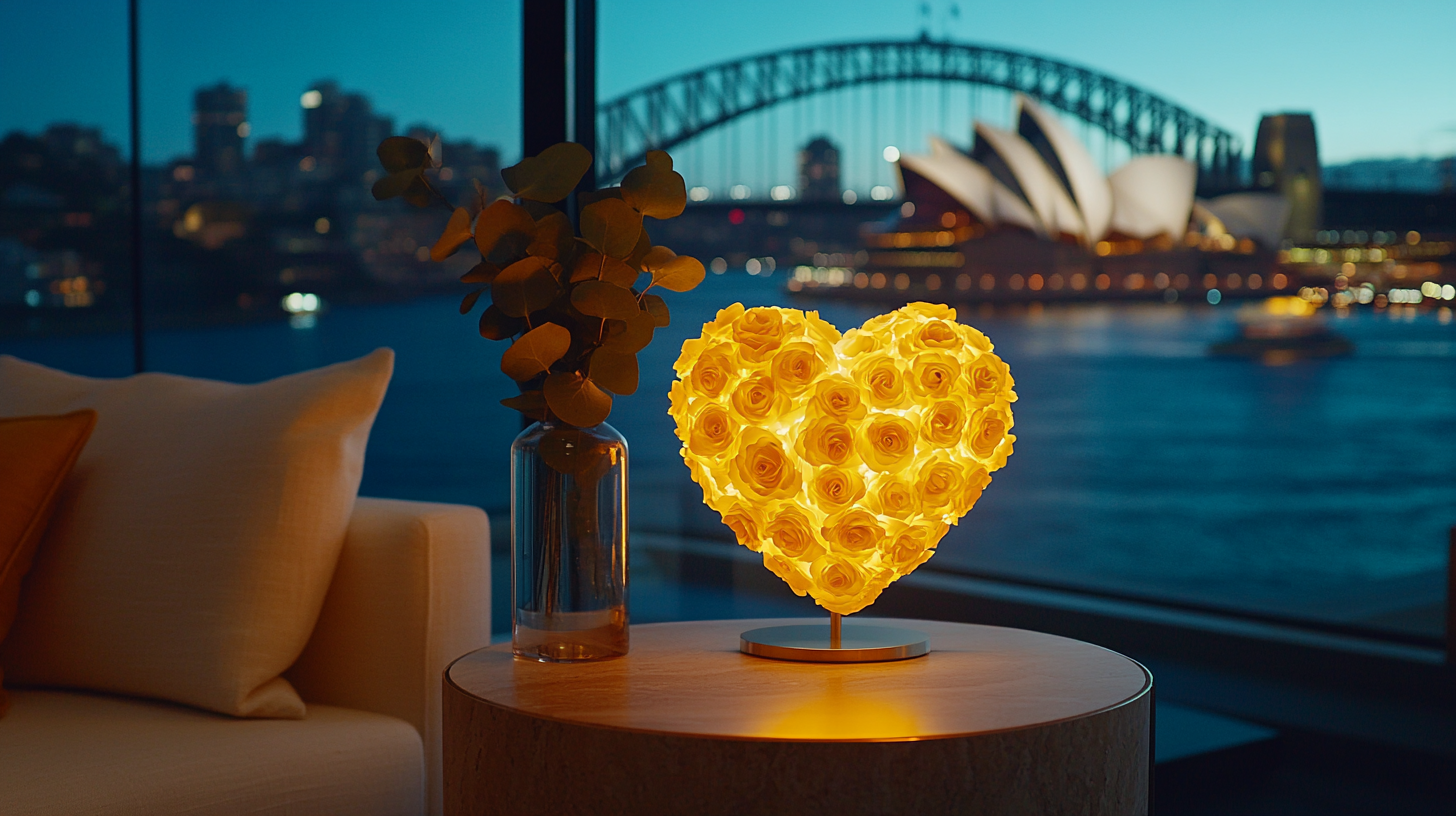 Yellow heart-shaped preserved rose lamp shown in a refined interior