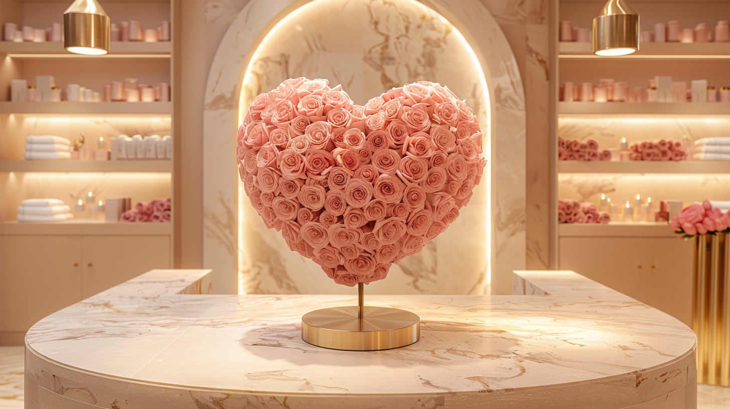 Glowing rose sculpture displayed as a focal object in a calm interior