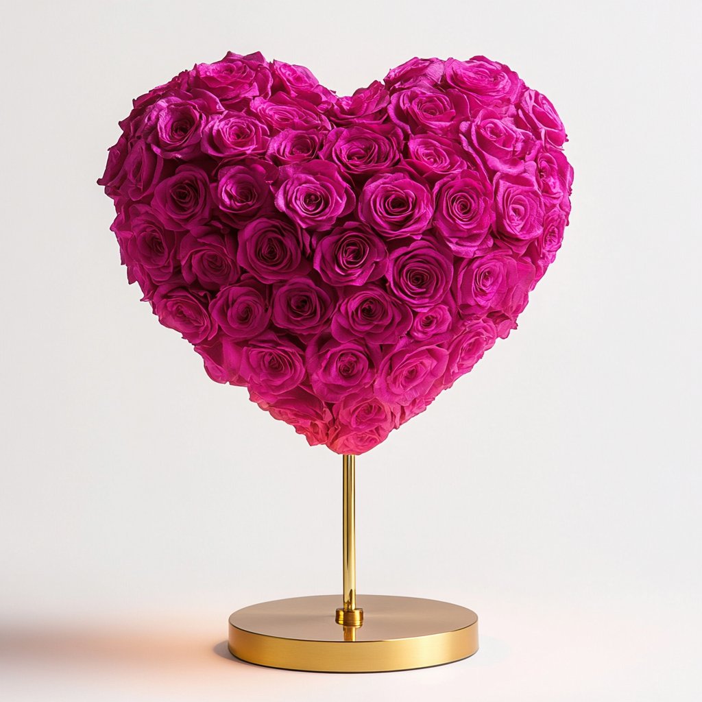Pink heart-shaped preserved rose lamp on a gold stand